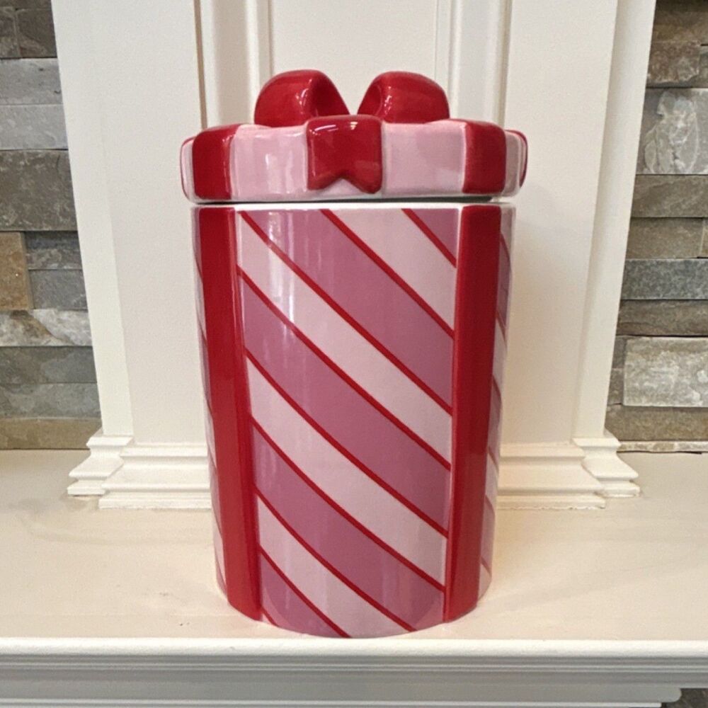 Ceramic Holiday Christmas Cookie Jar With Bow on Lid Red Pink Striped 5x8"